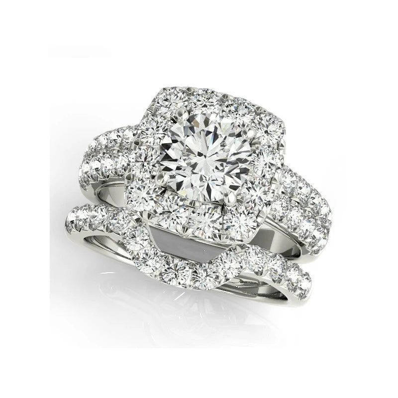 LESF 925 Sterling Silver Engagement Ring Sets 1 Carat Sona Round Cut Women Wedding Anniversary Bridal Halo Ring Jewelr