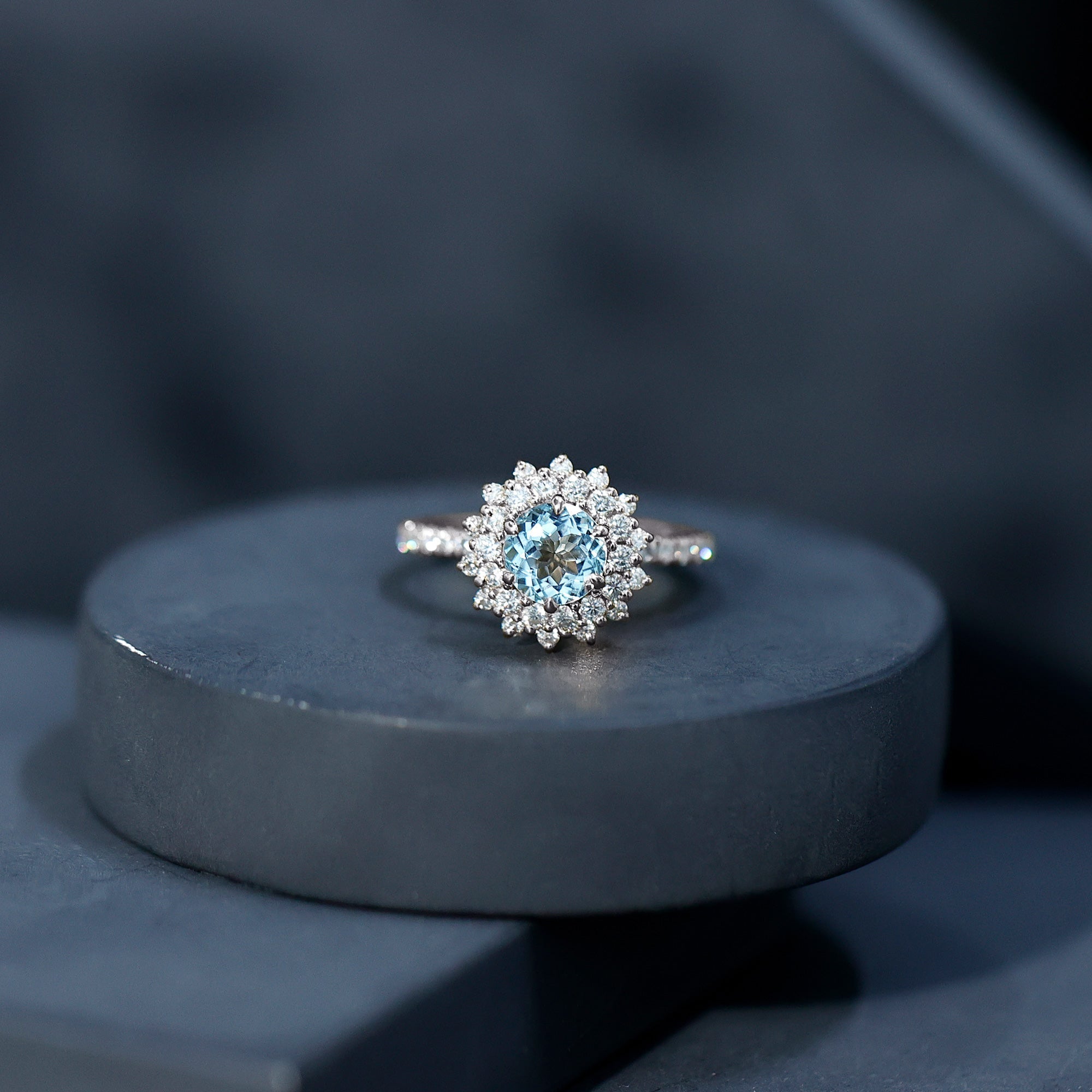 Genuine Aquamarine Cluster Engagement Ring With Certificate