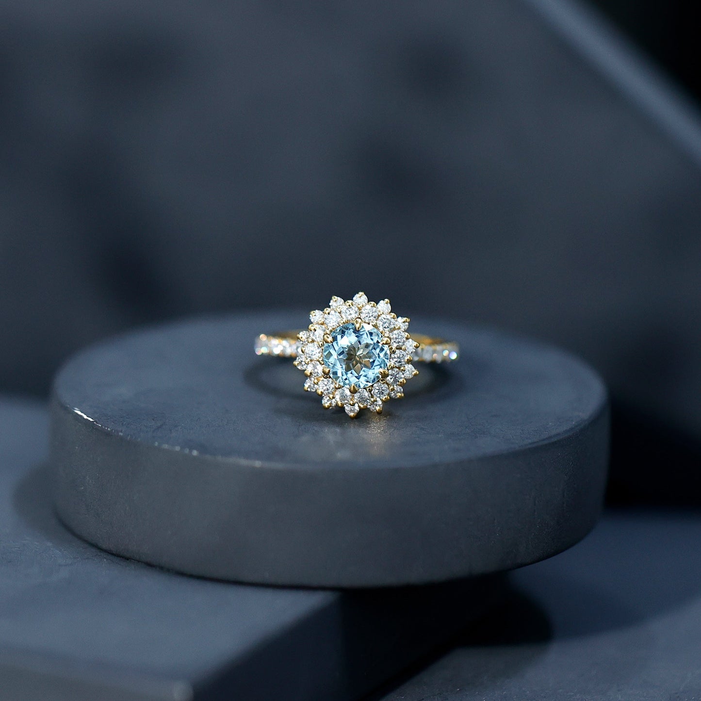 Genuine Aquamarine Cluster Engagement Ring With Certificate