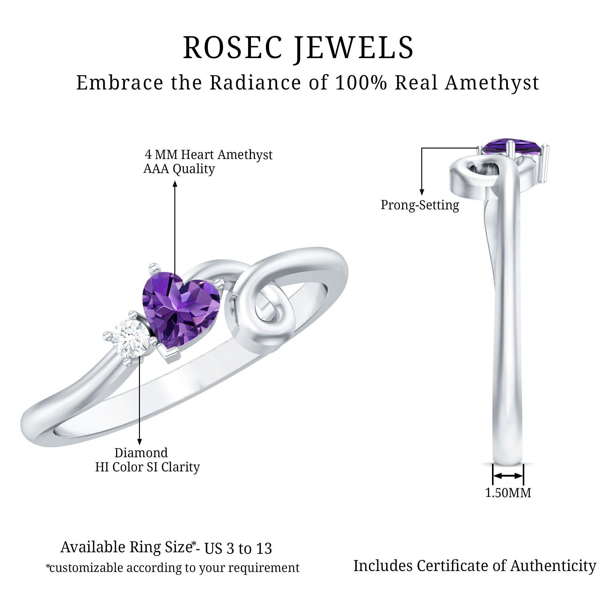 Heart Shape Real Amethyst and Diamond Twisted Promise Ring