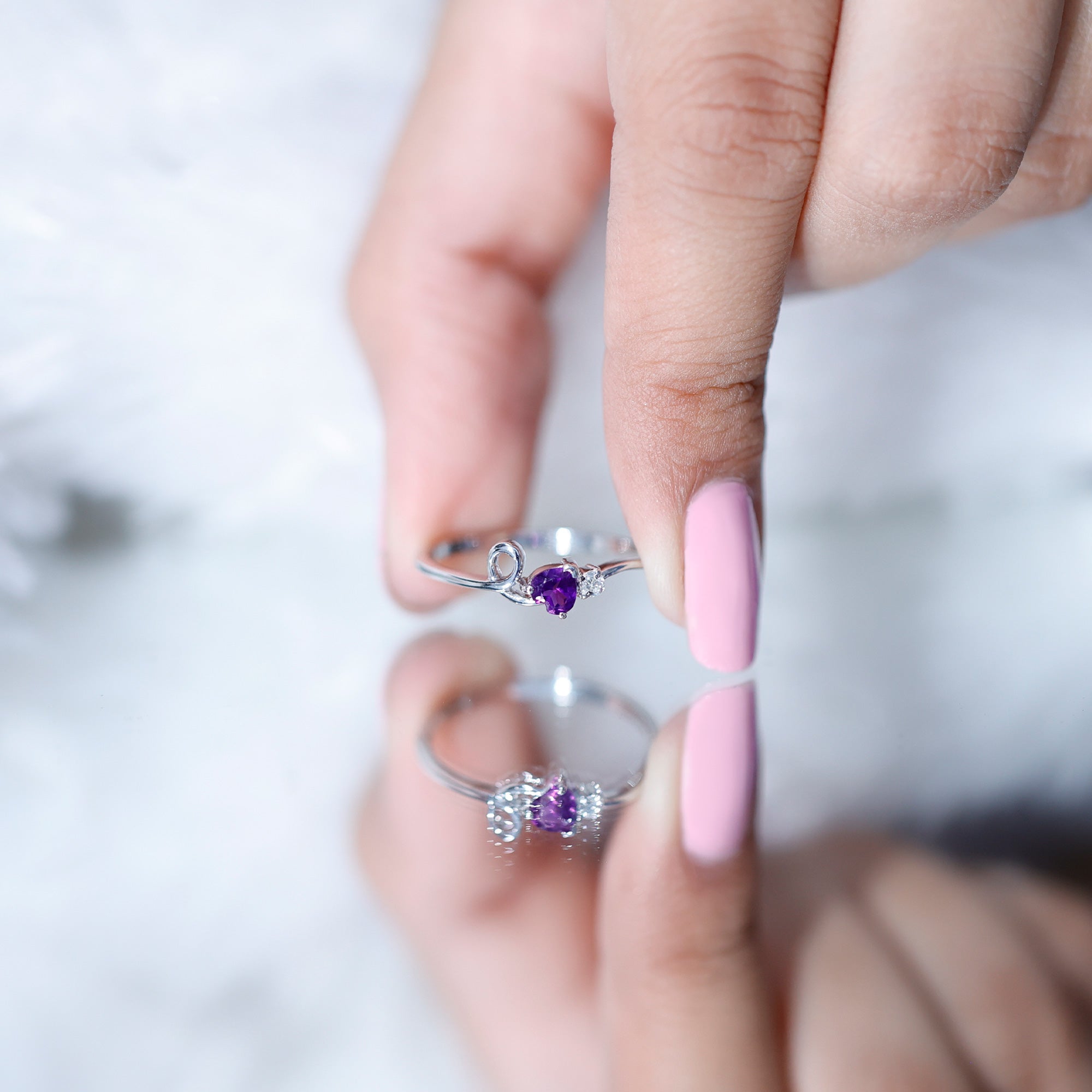 Heart Shape Real Amethyst and Diamond Twisted Promise Ring