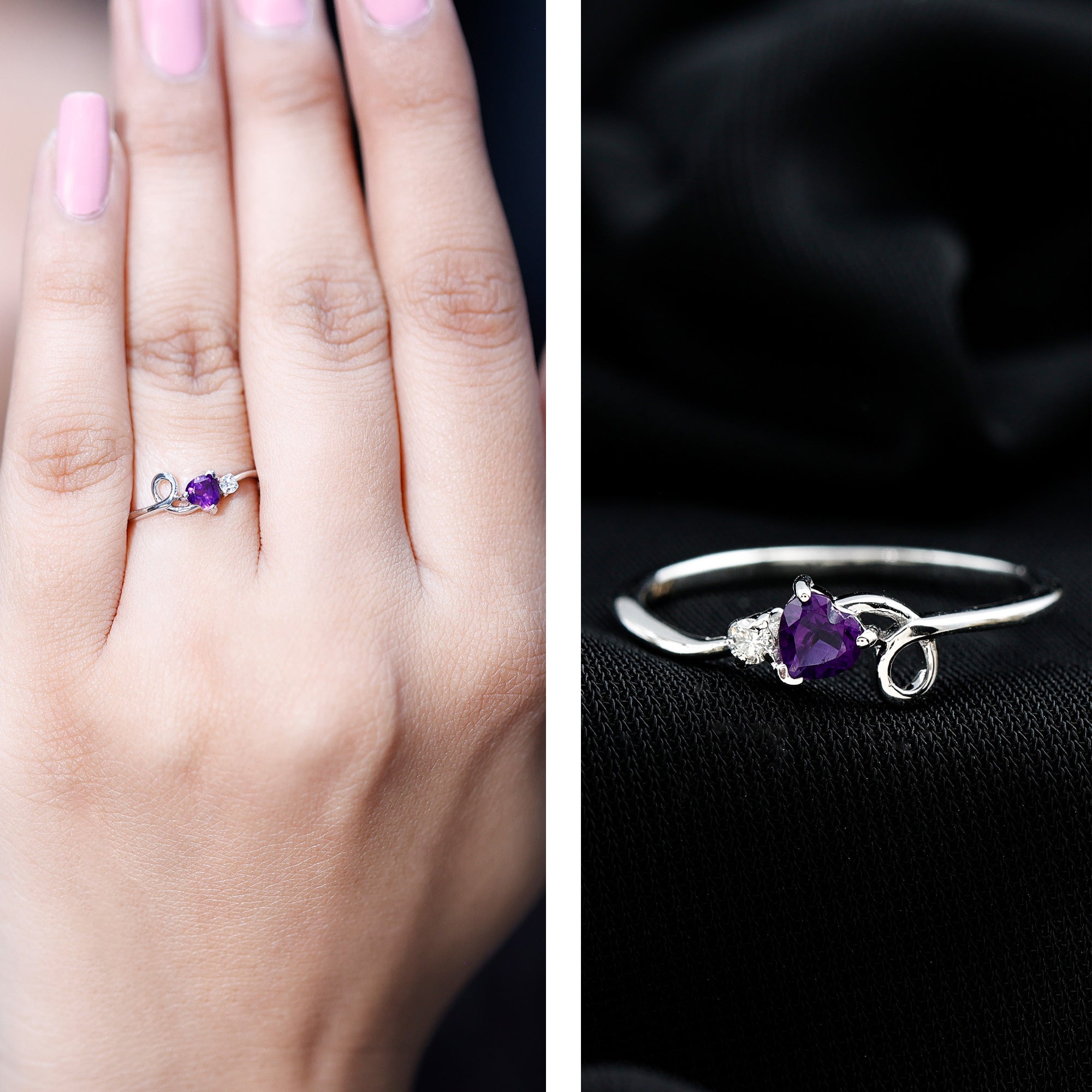 Heart Shape Real Amethyst and Diamond Twisted Promise Ring