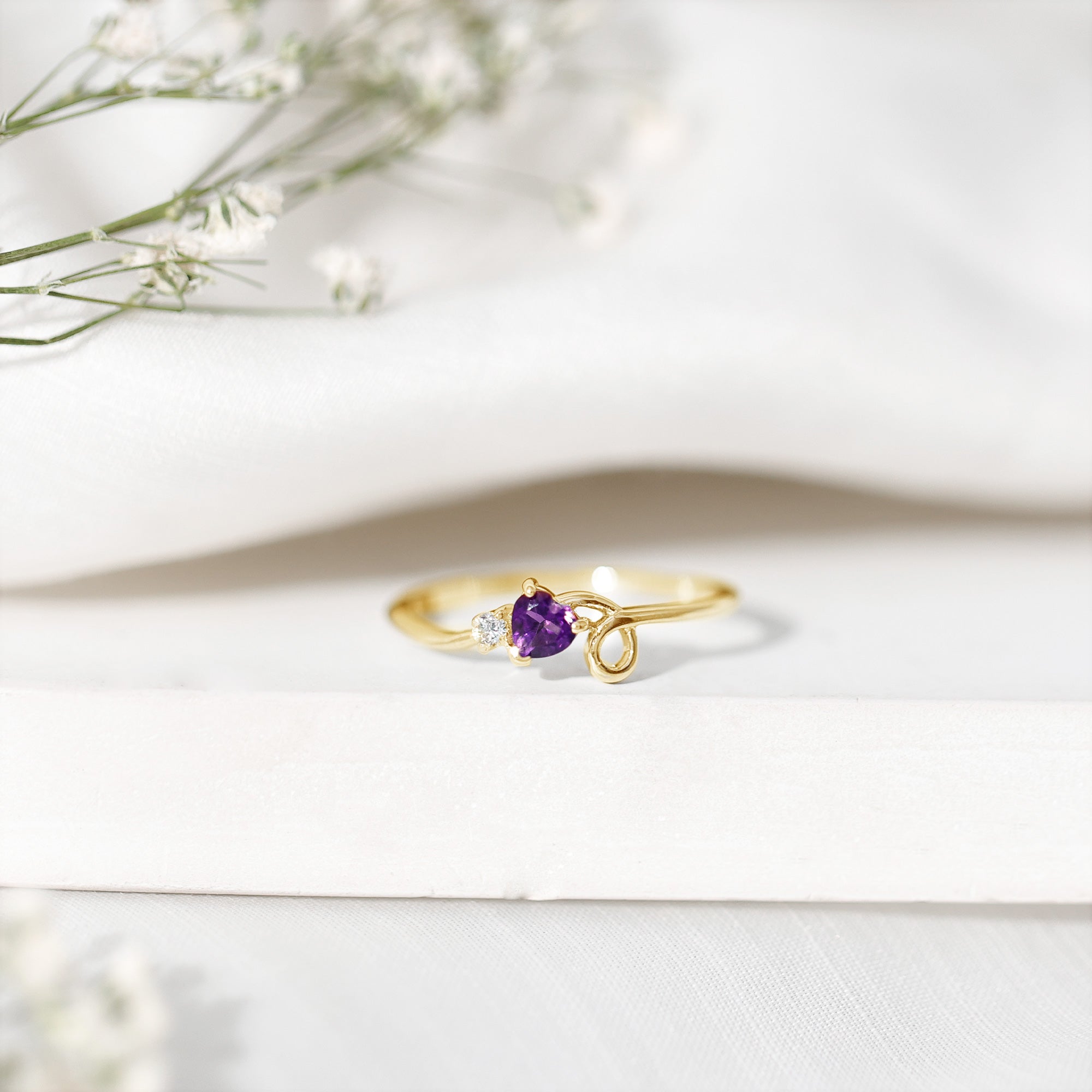 Heart Shape Real Amethyst and Diamond Twisted Promise Ring