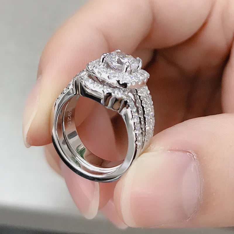 LESF 925 Sterling Silver Engagement Ring Sets 1 Carat Sona Round Cut Women Wedding Anniversary Bridal Halo Ring Jewelr