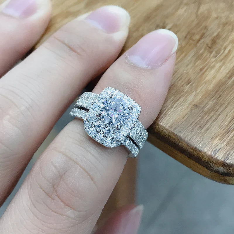 LESF 925 Sterling Silver Engagement Ring Sets 1 Carat Sona Round Cut Women Wedding Anniversary Bridal Halo Ring Jewelr